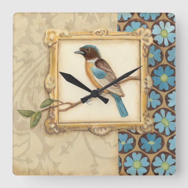 Horloge Carrée Oiseau Brown et bleu sur une branche recherchant (Recto)