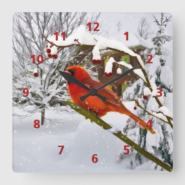 Horloge Carrée Oiseau cardinal, neige, hiver (Recto)