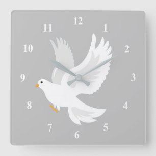 Horloge Carrée Oiseau de colombe blanche sur gris