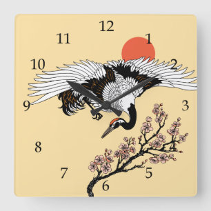 Horloge Carrée Oiseau de grue japonais et sakura en fleurs