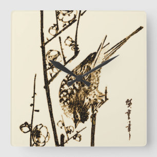 Horloge Carrée Oiseau japonais sur une branche - Brown et beige