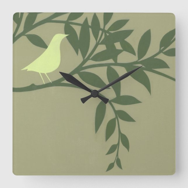 Horloge Carrée Oiseau vert été perché sur la branche verte (Recto)