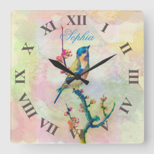 Horloge Carrée Oiseau vintage adorable mignon de couleurs pour