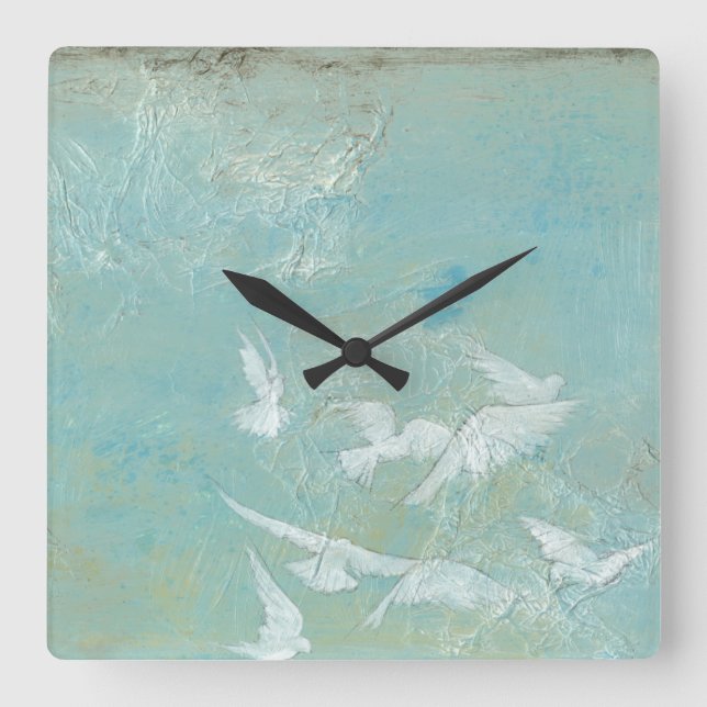 Horloge Carrée Oiseaux blancs volant par le ciel bleu (Recto)