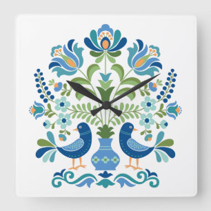 Horloge Carrée Oiseaux de conception folklorique hongrois