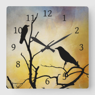 Horloge Carrée Oiseaux de corneille sur oiseau d'arbre 95 orange