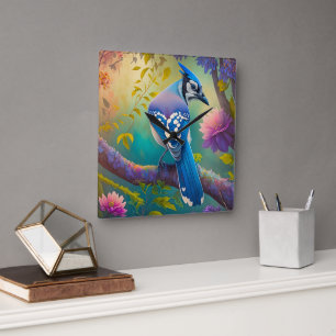Horloge Carrée Oiseaux Fantastiques Geai Bleu