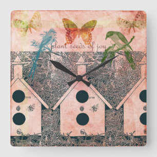 Horloge Carrée Oiseaux inspirés avec des Chambres d'oiseau