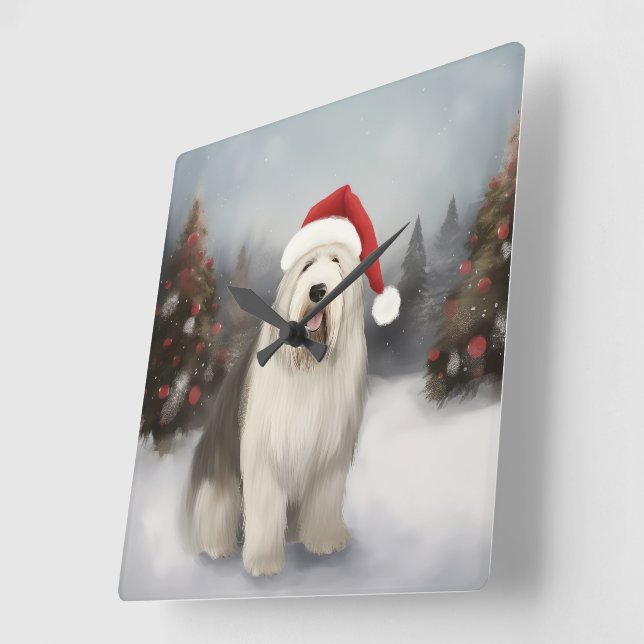 Horloge Carrée Old English Sheepdog en Noël de neige (Angle)