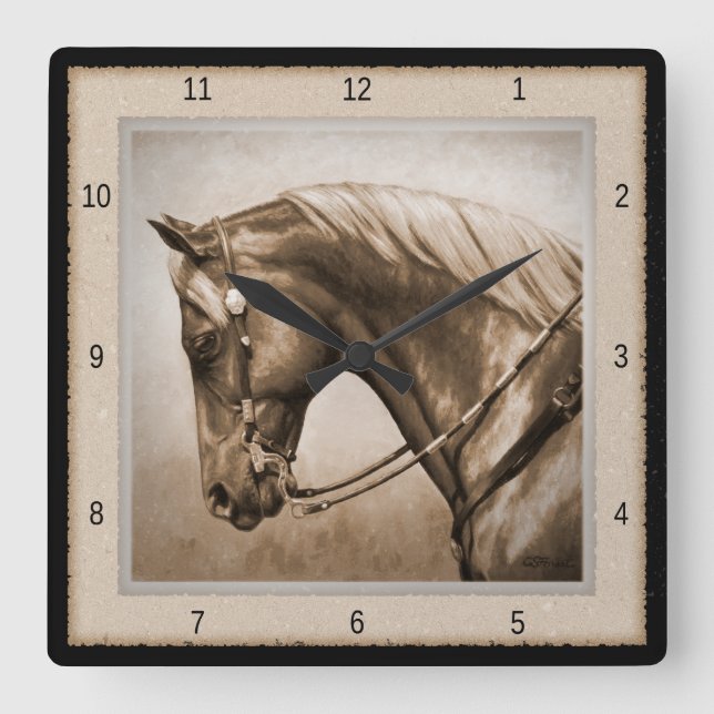 Horloge Carrée Old West Quarter Horse Sepia Brown (Recto)