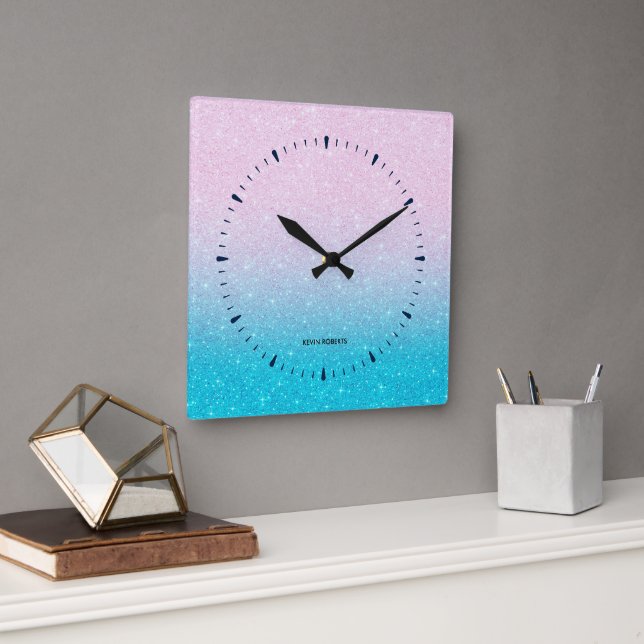 Horloge Carrée Ombre Parties scintillant rose et turquoise (Bureau)
