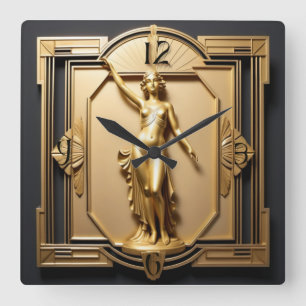 Horloge Carrée Or Art Déco élégant