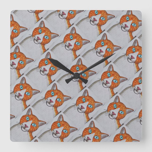 Horloge Carrée orange and white Cat Wall Clock (Recto)