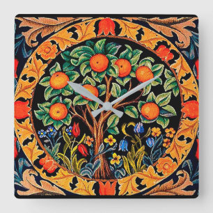 HORLOGE CARRÉE ORANGE ARBRE AUX FEUILLES VERTS, FLEURS