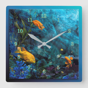 HORLOGE CARRÉE ORANGE FISH BLUE OCEAN