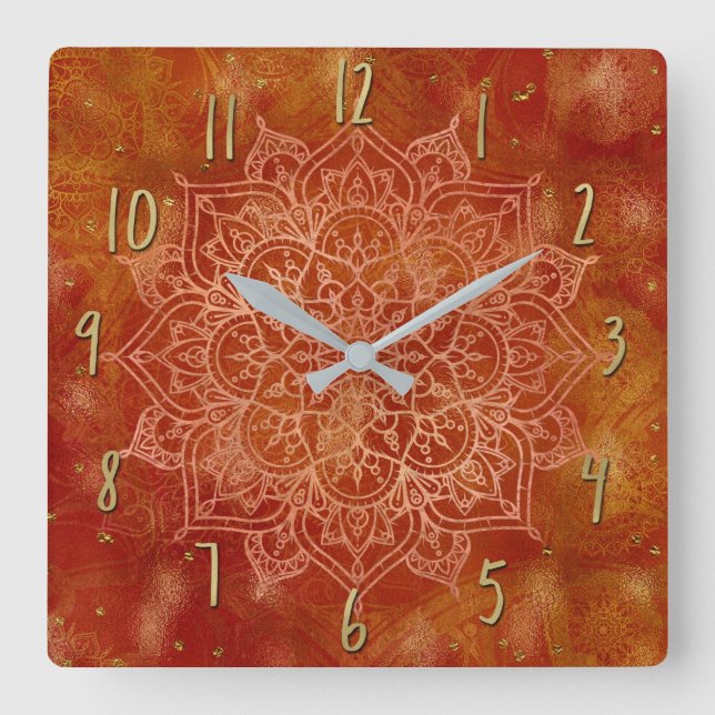 Horloge Carrée Orange Mandala & Gold Glam Modern Chic (Recto)