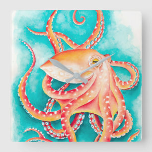 Horloge Carrée Orange rouge Tentacles Octopus Aquarelle