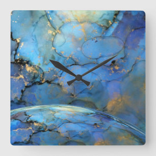 Horloge Carrée orbe terrestre abstrait bleu or science-fiction