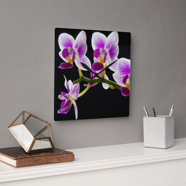 Horloge Carrée Orchidée blanche et violette (Bureau)