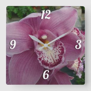 Horloge Carrée Orchidée violette et jardin coloré Floral