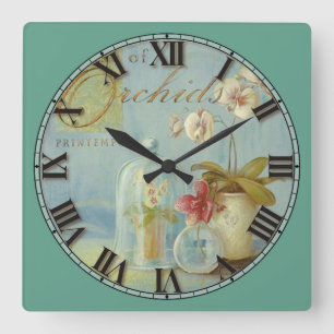 Horloge Carrée Orchidées et plus de chiffres romains