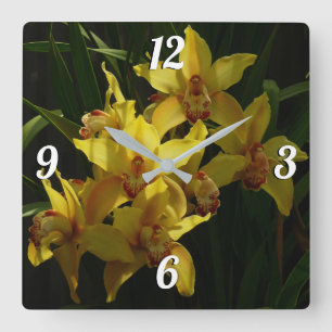Horloge Carrée Orchidées Jaunes Sunlit Floral