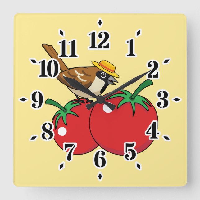 Horloge Carrée Organic lover Sparrow Eating Red Tomato (Recto)