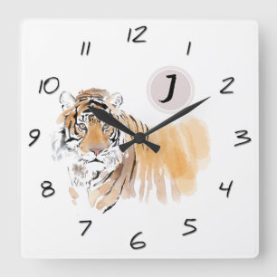 Horloge Carrée Originale Tigre Aquarelle Chinoise Zodiac Annivers