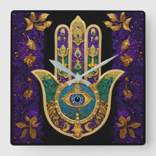 Horloge Carrée Ornate Gold Troisième Oeil Hamsa