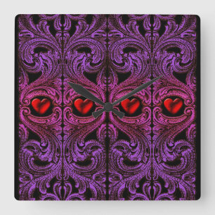 Horloge Carrée Ornement Goth Purple avec Coeur