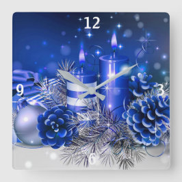 Horloge Carrée Ornements de Noël bleus et bougies