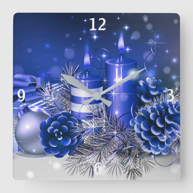 Horloge Carrée Ornements de Noël bleus et bougies (Recto)
