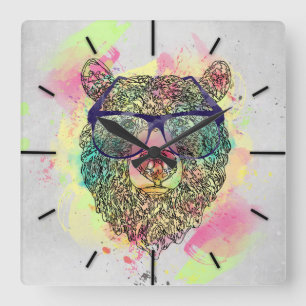 Horloge Carrée Ours d'aquarelle cool avec lunettes design