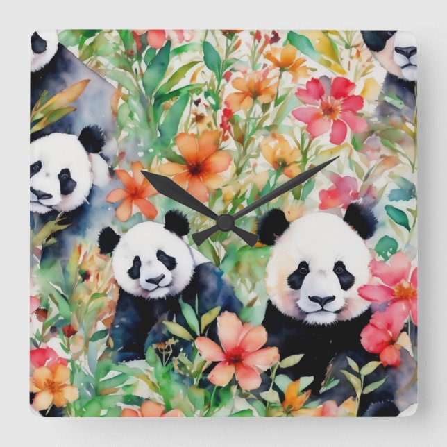 Horloge Carrée Ours de panda aquarelle (Recto)