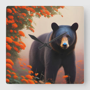 Horloge Carrée Ours noir en fleurs orange