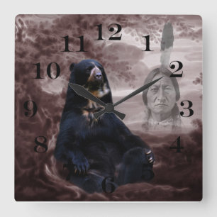 Horloge Carrée Ours noir indien indigène américain