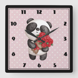Horloge Carrée Ours Panda mignon avec Bouquet Rose