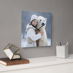 Horloge Carrée Ours polaire et bras de fille