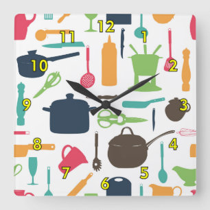 Horloge Carrée Outils Cuisine Cute Illustration Silhouette