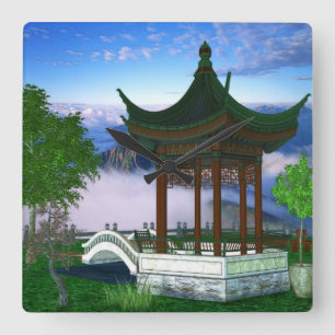 Horloge Carrée Pagode Nature Paysage Imaginaire Art