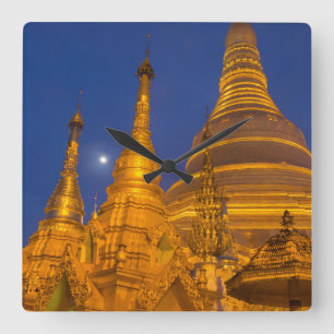 Horloge Carrée Pagode Shwedagon la nuit, Myanmar