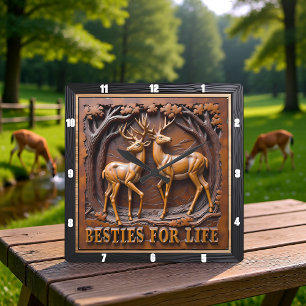 Horloge Carrée Paire de cerfs gravée rustique