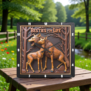 Horloge Carrée Paire de cerfs loups en bois