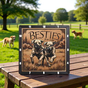 Horloge Carrée Paire de chiens gravée en forêt sépia