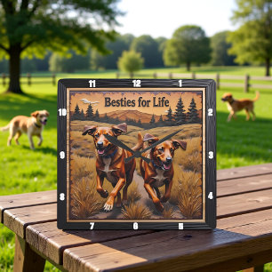Horloge Carrée Paire de chiens gravée Montagne Pin
