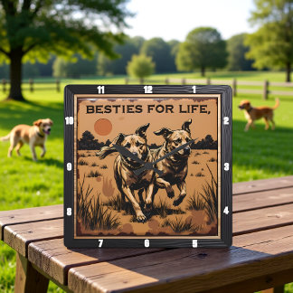 Horloge Carrée Paire de chiens gravés brun orange