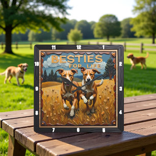 Horloge Carrée Paire de chiens gravés Champ Ciel Bleu
