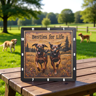 Horloge Carrée Paire de chiens gravés Forêt heureuse