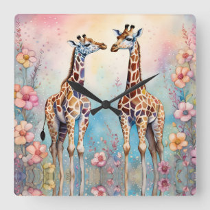 Horloge Carrée Paire de girafes dans un jardin pastel
