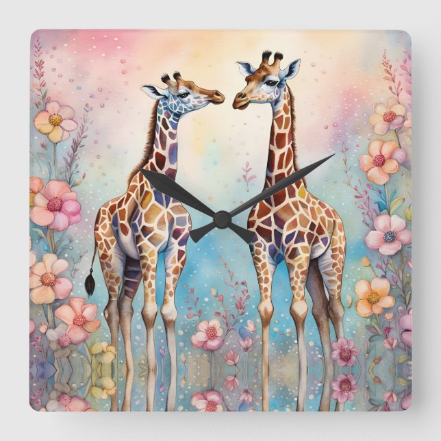 Horloge Carrée Paire de girafes dans un jardin pastel (Recto)